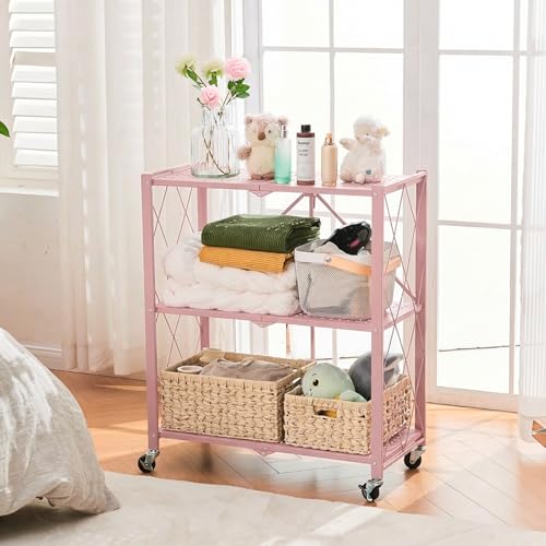 Image of BRIAN & DANY 3-Tier Foldable Storage Shelves with Wheels, No Assembly Folding Shelf Metal Rack, Shelving Unit for Kitchen, Garage, Pink