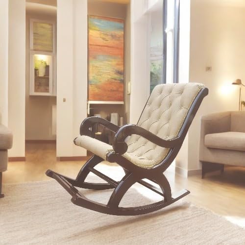 Image of Solid Sheesham Wood Rocking Chair for Living Room | Ergonomic Resting Chair for Relaxing and Pregnant Women (Cream)