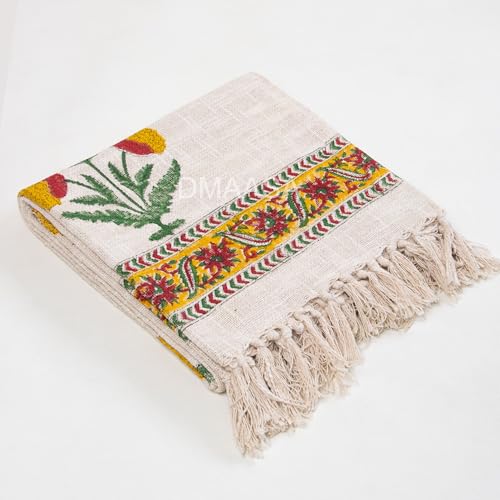 Image of Floral Cotton Throw Blanket for Sofa- 50x70 Inch Handblock Print Sofa Throw - Boho Fringe Decorative Blanket for Couch, Bed & Living Room - Diwali Gift, Rakhi Gift for Sister (R-HBTH00110)
