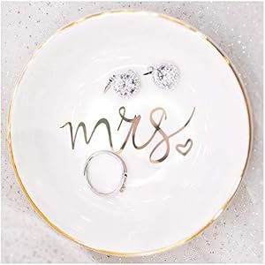 Mrs Jewelry Dish Ceramic Ring Trinket Tray Wedding Gift for Bride Desk Storage for Mrs Engaged Gifts Mr Mrs Gold Engagement Gifts Friend