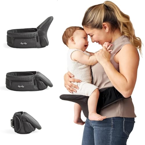 Itzy Ritzy Hip Seat Baby Carrier Foldable 3-Position Infant & Toddler Carrier Supports 1244 lbs Strapless Lightweight Design Includes Zippered Pocket & Extender to Fit Waists up to 62 (Black)