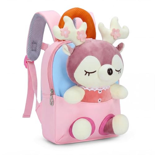 PROTAURI Kindergartenrucksack Mädchen 1-4 Jahre, Kita Rucksack mit Abnehmbarem Flauschigem Kuscheltier, Rucksack Kindergarten mit Brustgurt, Perfekt für Kita, Reise & Geschenk, Hirsch-Design