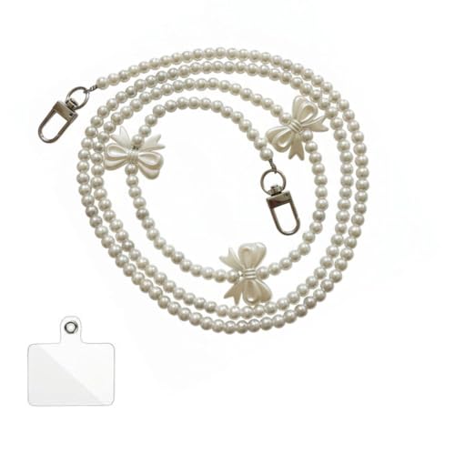 Image of KHOLAD White Bow Phone Chain Crossbody Pearl Strap | 2in1 Wrist & Shouler Crossbody Lanyard | Pearl Beads Charms Chain with Phone Tether Patches | Compatible with Most Phones, Bag, Purse
