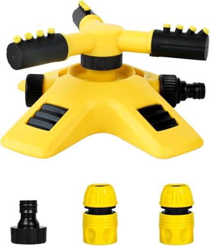 Automatic 360° Rotating Lawn Sprinkler with 3 Adjustable Arms, Garden Irrigation System for Watering Lawns, Plants, Flowers, Vegetables, Yellow