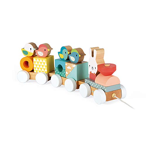 Image of Janod Pure 2-in-1 Beech & Cherry Wood Train Pull-Along & Activity Stacker for Motor Skills & Active Play