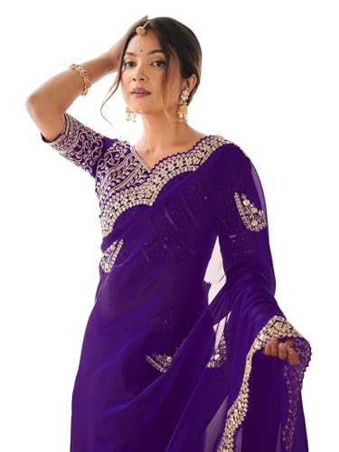 Image of Satrani Women's Tissue Silk Sequin Embroidery Scalloped Border Saree with Unstitched Blouse Piece