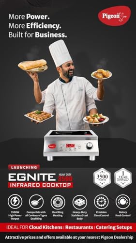 Image of Pigeon Egnite Heavy Duty Commercial Infrared Cooktop 3500W || For Commercial, Stainless Steel Body, Dual Ring Heating, Rotary Knob Control, and Timer