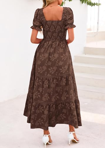 Lazysmile Women's Summer Boho Floral Maxi Dress Short Sleeve Square Neck Smocked Ruffle Elegant Wedding Guest Dress Brown — view 2