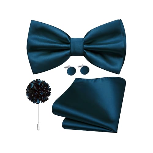 Dubulle Green Blue Satin Bow Tie Solid Pre Tied Adjustable Bowties Pocket Square Lapel Pin Cufflinks 4PCS Set Business Wedding