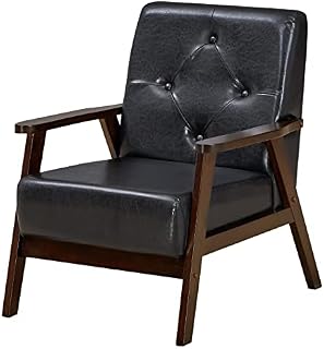 COSTWAY Single/3-Seater Sofa Chair, Mid-Century PU Leather Button Tufted Accent Armchair Couch, Rubber Wood Upholstered Guest Sofa for Living Room Bedroom Office (Single Sofa, Black)