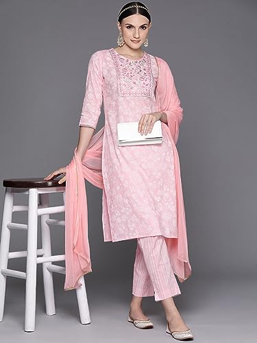 Image of INDO ERA Women's Cotton Embroidered Straight Kurta With Pant & Dupatta Set (KH0PK7187)