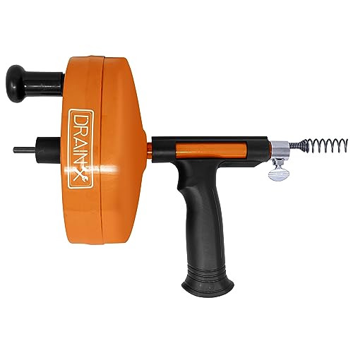 DrainX Power Pro 25-FT Steel Drum Auger Plumbing Snake with Drill Attachment | Drain Snake for Manual or Powered Use | Heavy Duty Drain Cleaning Cable with Work Gloves and Storage Bag Included