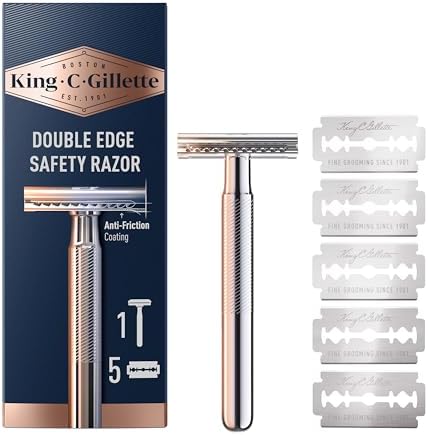 King C. Gillette Safety Razor with Chrome Plated Handle and 5 Platinum Coated Double Edge Safety Razor Blade Refills