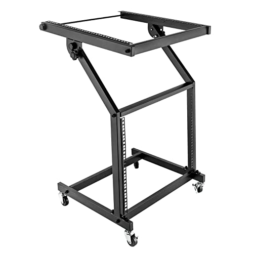 FONSOLUM 9U DJ Mixer Rack, Adjustable Rack Mount Rolling Stand, Mixer Platform Rails Cart Holder with Wheels, Stage Equipment Gear Storage Case for Music Studio Party Show Performance