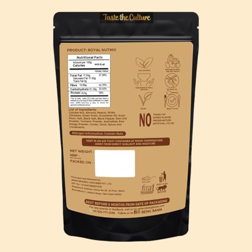 Image of Being Bania Royal NutMix | No Palmolein Oil | Party Mix Namkeen, Desi Trail Mix with Cashews, Almonds, Peanuts, Chickpeas, Green Gram Mix | Premium Namkeen Chakna | 280g