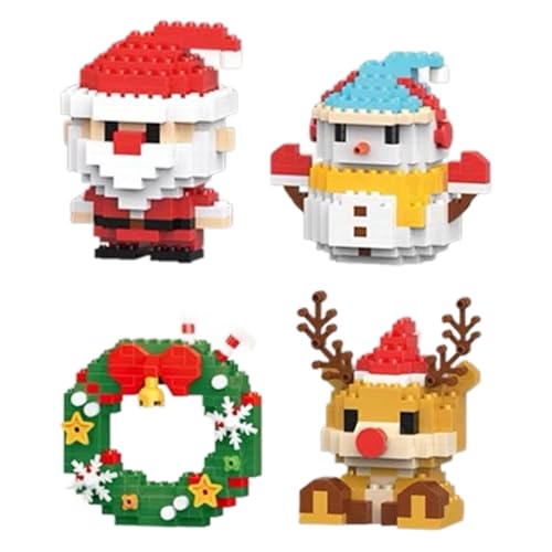 Santa Claus Design Building Blocks Set, 4 Pack Christmas Theme Building Blocks Ornaments, Mini Building Figures, DIY Stocking Stuffers, Xmas New Year Birthday Gifts, Party Favors (Set A)