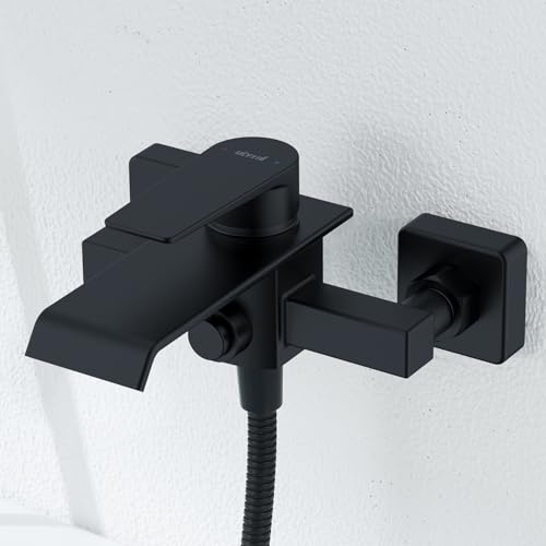 Ulytid Badewannenarmatur Wasserfall Schwarz Wasserhahn Wannenbatterie aus Messing Mischbatterie Wannenarmatur Badezimmer mit Druckschalter Duscharmatur Aufputz Armatur Badewanne für Wandmontage