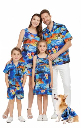 Image of Hawaii Hangover Family Matching Hawaiian Clothes, Sunset Blue | Family matching Hawaiian outfits, Sunset Blue, 100% cotton, machine washable, tropical floral print, luaus, cruises