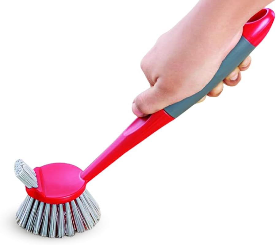 Cello Kleeno Dual Action Sink & Dish Brush, Red & Grey | Flexible Bristles, Hanging Provision | Rubberised Handle & Tough Bristles for Stubborn Stains |Plastic Kitchen Sink Basin Wash Cleaning Brush