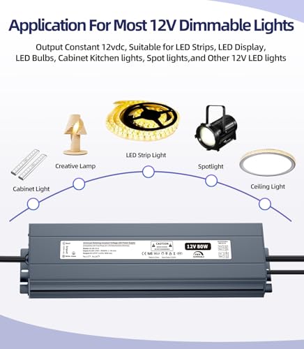 Image of Dimmable LED Driver, 12V 80W Triac Dimmable Power Supply, AC to DC Low Voltage Transformer, Compatible with Lutron and Leviton Dimmers, Waterproof IP67,Smooth Flicker Free Dimming for LED Strip Lights