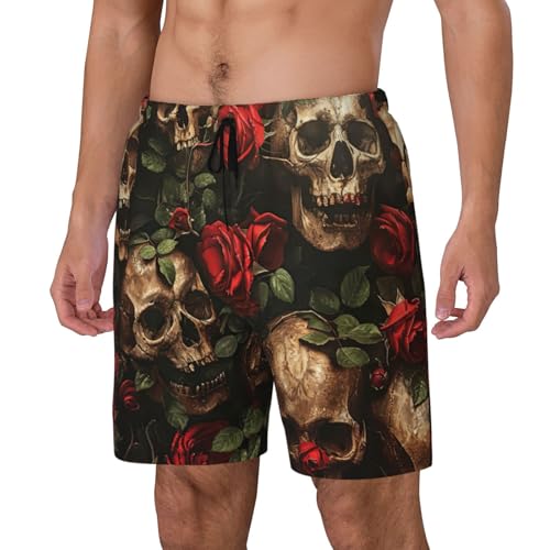 Skull and Red Rose Mens Double Polyester Swimsuit Trunks Swim Shorts with Compression Liner and Patch Pocket.2