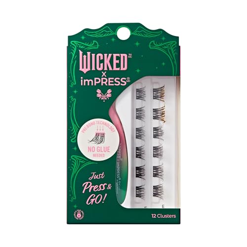 WICKED X imPRESS Press On Self Adhesive Eyelashes, ‘Wizard's Palace’, 12 Lash Clusters, 8mm-10mm, Medium Volume, Yellow Glittery Stars, Pink & Green Mini Applicator