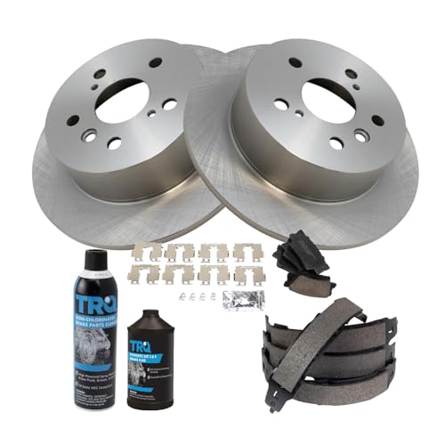 Image of TRQ Rear Brake Pad & Rotor Kit, with Chemical Kit Parking Brake Shoe Set Ceramic Compatible with 2013-2018 Lexus ES300h ES350 Toyota Avalon 2012-2017 Camry