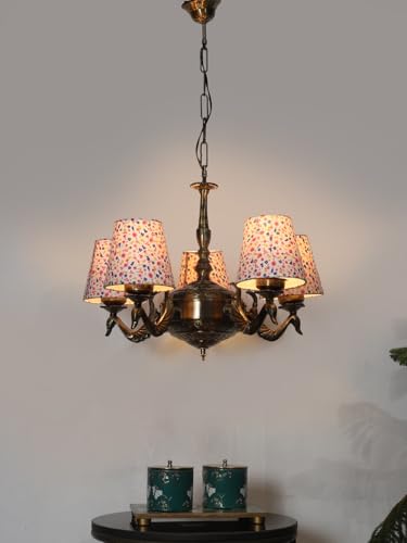 Image of Devansh 05-Light Printed Conical Multicolor Cotton Shade Chandelier - Antique Golden Finish | Adjustable Cord | Warm Glow Lamp - Ceiling Light for Living Room, Dining Area, BedroomDecor - D3
