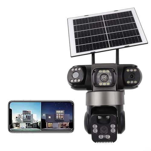 Caméra de sécurité solaire 4K sans fil, 360 ° PTZ triple objectif avec stockage dans le nuage, caméra de surveillance WiFi pour surveillance extérieure (noir)