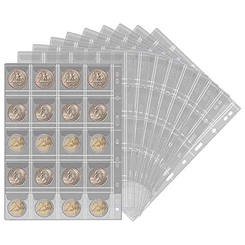 Coin Collection Supplies Pages for Collectors, 12 Sheets Coins Holder Album Book Sleeves, Collecting Binder Protectors for Silver Dollar Bill Quarters Penny Stamp Currency (20 Pockets) Cover