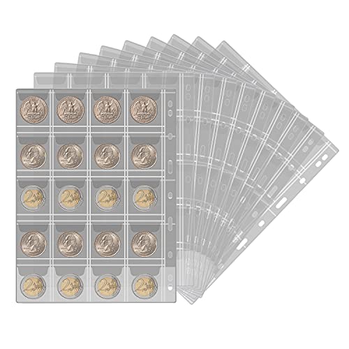 Coin Collection Supplies Pages for Collectors, 12 Sheets Coins Holder Album Book Sleeves, Collecting Binder Protectors for Silver Dollar Bill Quarters Penny Stamp Currency (20 Pockets)