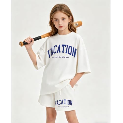 Image of Size 6-12 Years Girl's Tracksuit Sets 2 Piece Outfits Letter Print Vacation Tee Top and Drawstring Waist Shorts
