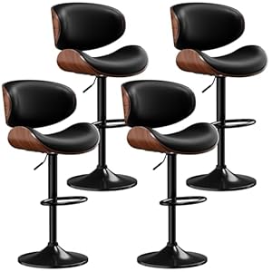Bar Stools Set of 4, Adjustable Swivel Bar Stools Mid-Century Modern PU Leather Counter Height Bar Stool for Kitchen Island Bar Chairs with Back (Black)
