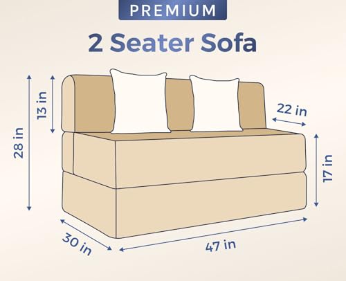 Image of uberlyfe Xtra High, Xtra Soft 2 Seater (4' x 6') Sofa Cum Bed | 1 Year Warranty | 17 inch Sofa Height |Twin Size Foldable Bed | Plush Laser Quilted Fabric |2 Cushions Bloom Pattern | Champagne Beige Color