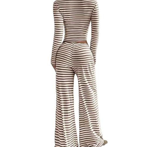 Womens 2 Piece Outfits Striped Long Sleeve Square Neck Cropped Top Drawstring Wide Leg Pants Lounge Sets Sweatsuits2