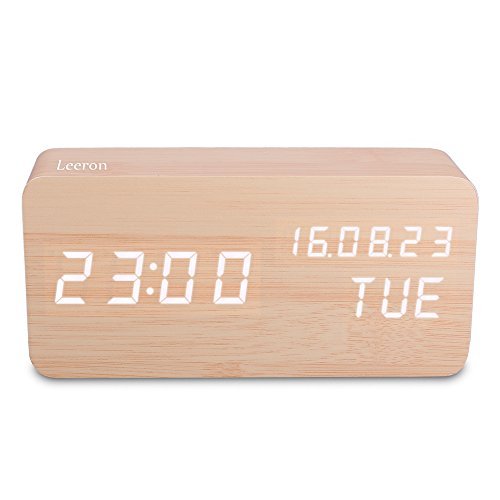 Leeron Desk Clock, Displays Time Date Week and Temperature, Cube Wood