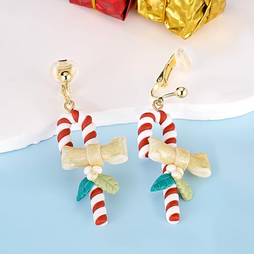 Aretes Navidad Bastón de Caramelo Clip On Mujer miniatura 6