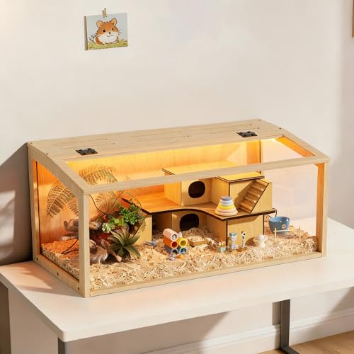 BingoPaw Cage Hamster en Bois, Habitats pour Rongeur Souris avec Fenêtre en Verre Trempé et Trous de Ventilation pour Gerbilles et Cochon d'Inde 80x40x40cm