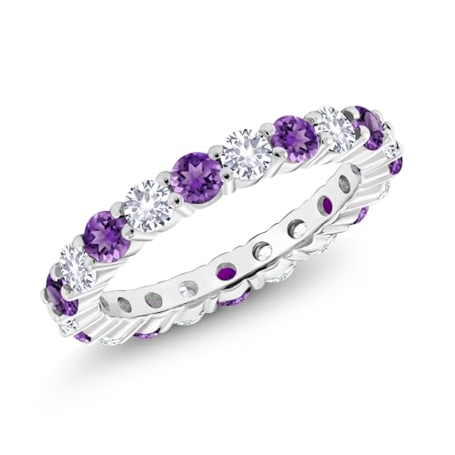 Gem Stone King 1.00 Cttw Eternity Band Ring For Women | 925 Sterling Silver | 3MM Purple Amethyst and 3MM White Created Sapphire | Round 3MM | Gemstone Birthstone | Available In Size 5, 6, 7, 8, 9