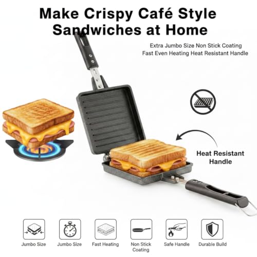 Image of Double Sided Sandwich Grill Pan | Non-Stick Toast Maker Aluminium Stovetop Toaster Gas Stove Flip for Bread Snacks Heat Resistant Handle Black (Jumbo Grill Toaster)