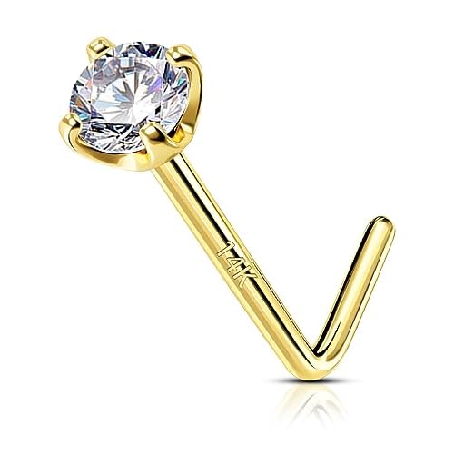 OUFER 14K Solid Gold Nose Stud, L Scew Shaped Nose Rings, 20G Nostril Piercing Jewelry, Clear CZ Nose Rings Studs, Nose Piercing Jewelry For Women