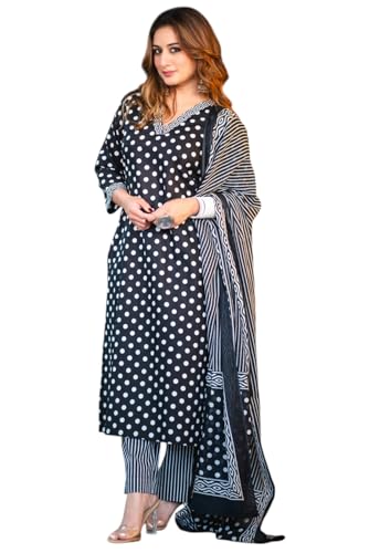 Ensemble kurta noir pour femme avec pantalon et dupatta imprimé pois