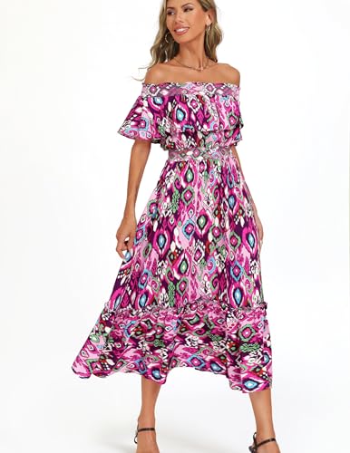 Image of Prettywear Women's 2025 Spring Summer Boho Off Shoulder Midi Dress Floral Short Sleeve A Line Casual Beach Vacation Dresses