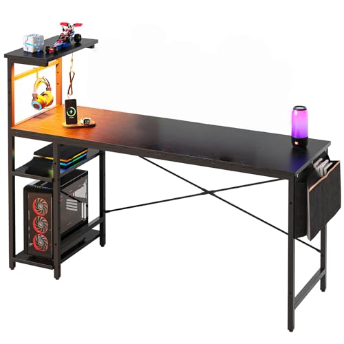 Image of Bestier 61 Inch Gaming Desk with LED Lights, Reversible Shelves, Height Adjustable Shelf, Steel Frame, CARB P2 Class Board, Black 3D Carbon Fiber