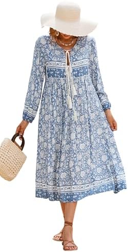 R.Vivimos Women's Long Sleeve Floral Print Retro V Neck Tassel Bo...