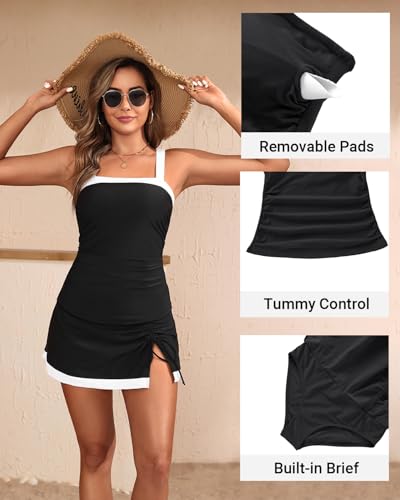 Tempt Me Women Black and White Tankini Swimsuits with Skirt - Two Piece Swimsuit Tummy Control Bathing Suits 2025 Swimwear L