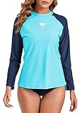 Halcurt Women's Long Sleeve Rash Guard Swim Shirts Quick Dry UPF50+ UV Sun Protection Swimsuit Top Light Blue Navy M