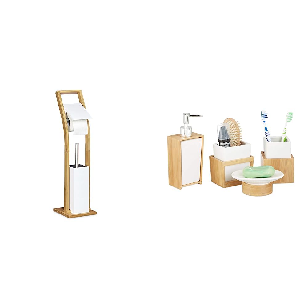 Relaxdays Stand WC Garnitur Holz HBT 75 x 19 x 19 cm Toilettenbürstenhalter aus Bambus, Natur weiß & Badezimmer Set, 4-teiliges Badzubehör aus Keramik und Bambus, Natur-weiß, 10 x 14 x 20 cm