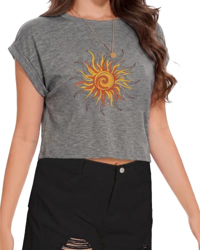Image of Womens Crop Tops Summer Roll Cap Sleeve Cropped Tshirt Loose Fit Basic Tees