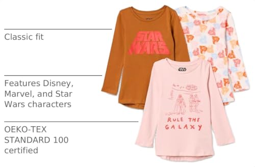 Image of Amazon Essentials Disney | Marvel | Star Wars | Frozen | Princess Girls and Toddlers' Long-Sleeve Tunic T-Shirts, Pack of 3